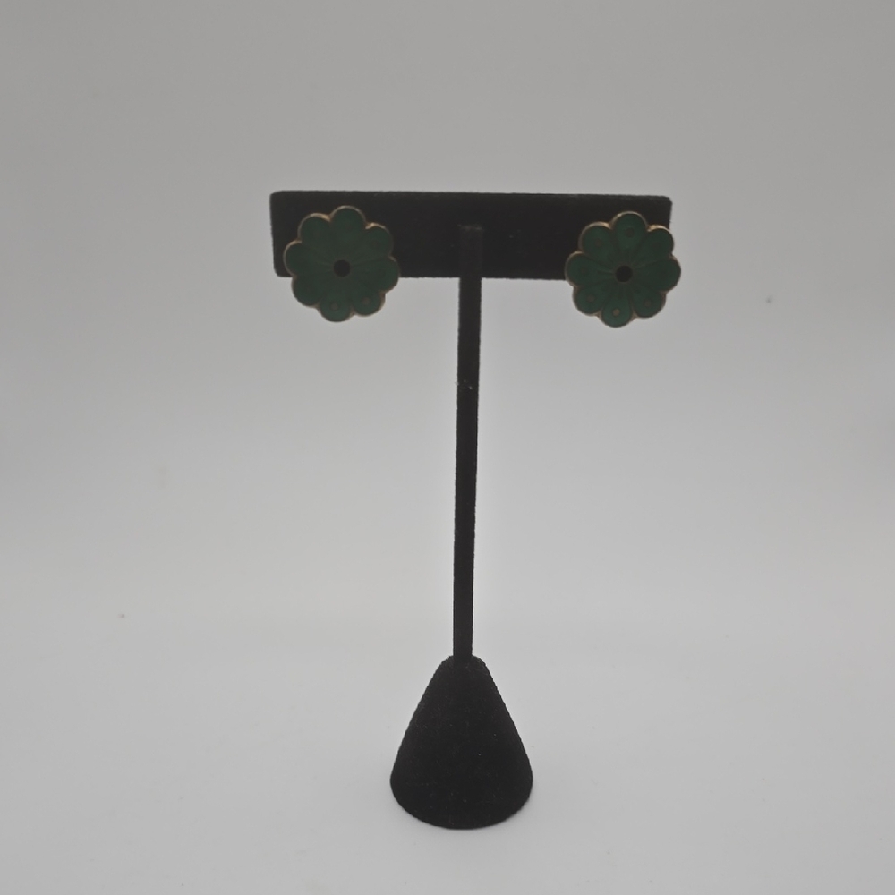 Vintage David Anderson Sterling Silver Enamel Green Floral Norway ClipOnEarrings